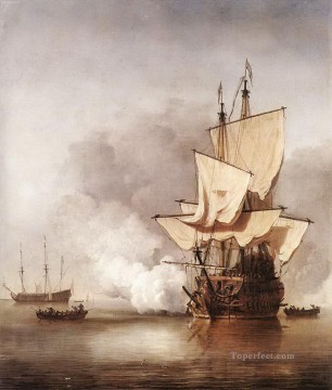 Buque de guerra Painting - Cañón disparado por la batalla naval de Velde